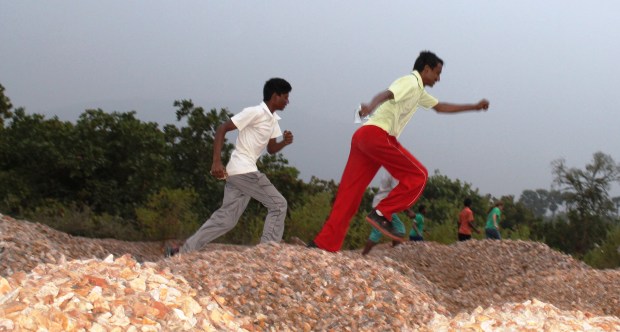 sprinting across the stones